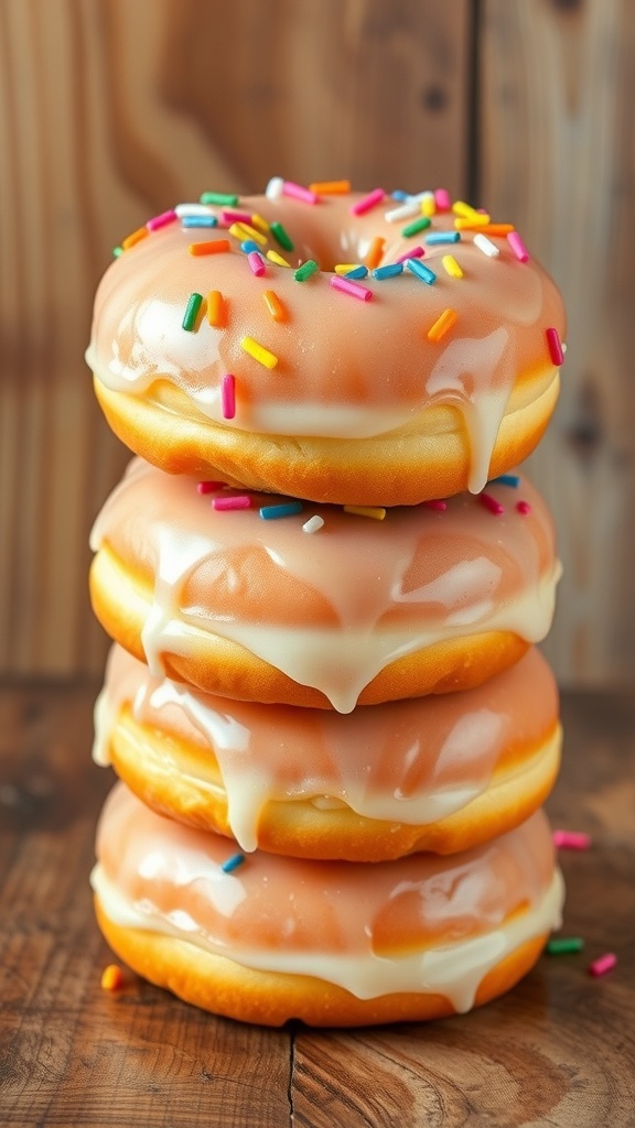 Five stacked glazed donuts with sprinkles on a rustic wooden table.
